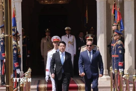 Tổng thống Ai Cập Abdel Fattah El-Sisi đón Chủ tịch nước Lương Cường. (Ảnh: Lâm Khánh/TTXVN)