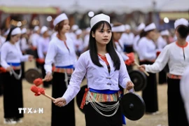 Phụ nữ Mường trong trang phục truyền thống trình diễn trong Lễ hội Khai hạ. (Ảnh: Trọng Đạt/TTXVN)
