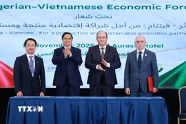 Thủ tướng Phạm Minh Chính và Thủ tướng Algeria Sifi Ghrieb chứng kiến ký kết giữa các doanh nghiệp Việt Nam và Algeria. (Ảnh: Dương Giang/TTXVN)