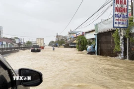 Một đoạn Quốc lộ 1 qua tỉnh Đắk Lắk bị ngập sâu trong nước lũ. (Ảnh: Tường Quân/TTXVN)