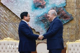 Thủ tướng Phạm Minh Chính hội kiến Tổng thống Algeria Abdelmadjid Tebboune. (Ảnh: Dương Giang/TTXVN)