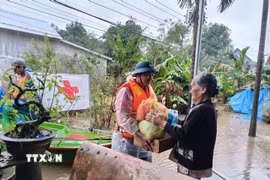 Cán bộ, tình nguyện viên Chữ thập đỏ cứu trợ người dân bị ảnh hưởng bởi mưa lũ tại thành phố Huế. (Ảnh: TTXVN phát)