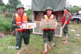 Vận chuyển hàng cứu trợ tới người dân vùng lũ. (Ảnh: TTXVN phát)