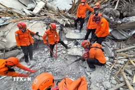 Lực lượng cứu hộ tìm kiếm nạn nhân trong vụ sập tòa nhà tại trường nội trú Hồi giáo Al-Khoziny ở Sidoarjo, tỉnh Đông Java, Indonesia, ngày 4/10/2025. (Ảnh: THX/TTXVN)