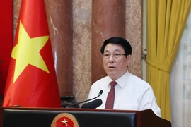 Chủ tịch nước Lương Cường phát biểu tại buổi gặp mặt các nhà báo tiêu biểu toàn quốc. (Ảnh: Lâm Khánh/TTXVN)