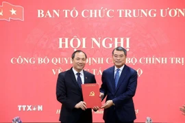 Ông Lê Minh Hưng, Ủy viên Bộ Chính trị, Bí thư Trung ương Đảng, Trưởng Ban Tổ chức Trung ương trao quyết định của Bộ Chính trị cho ông Hoàng Trung Dũng. (Ảnh: Tuấn Anh/TTXVN)