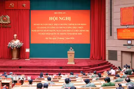 Hội nghị sơ kết 1 năm thực hiện chương trình hành động của Đảng ủy Công an Trung ương thực hiện Nghị quyết số 59-NQ/TW, ngày 24/1/2025 của Bộ Chính trị về hội nhập quốc tế trong tình hình mới. (Ảnh: Phạm Kiên/TTXVN)