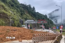 Sạt lở tại khu vực Trạm thu phí BOT trên Quốc lộ 4D, đất đá từ taluy dương tràn xuống gây ảnh hưởng lớn đến giao thông. (Ảnh: TTXVN phát)