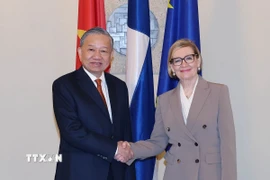 Tổng Bí thư Tô Lâm gặp Phó Chủ tịch thứ nhất Quốc hội Phần Lan Paula Risikko. (Ảnh: Thống Nhất/TTXVN)