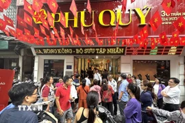 Nhiều người dân Thủ đô xếp hàng dài trước tiệm vàng trên phố Trần Nhân Tông. (Ảnh: Quốc Lũy/TTXVN)