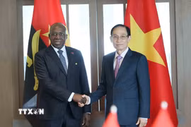 Bộ trưởng Ngoại giao Lê Hoài Trung đón Bộ trưởng Ngoại giao Angola Téte António. (Ảnh: An Đăng/TTXVN)