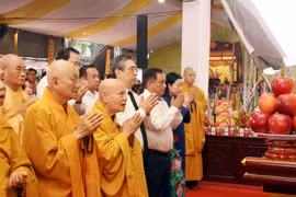 Dâng hương tưởng niệm các anh hùng liệt sỹ, đồng bào yêu nước đã ngã xuống trong Chiến dịch Mậu Thân 1968 đang được chôn cất tại Công viên Lê Thị Riêng. (Ảnh: Xuân Khu/TTXVN)