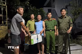 Người dân bàn giao cá thể trăn hoang dã nặng 9kg cho các lực lượng chức năng. (Ảnh: TTXVN phát)