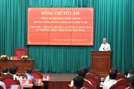 Tổng Bí thư Tô Lâm phát biểu tại buổi làm việc với Ban Thường vụ Tỉnh ủy Kon Tum và Thường trực Tỉnh ủy Quảng Ngãi. (Ảnh: Thống Nhất/TTXVN)