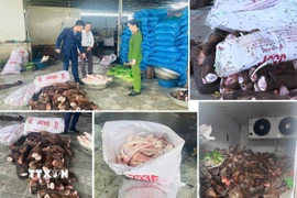 Làm việc với lực lượng chức năng, các chủ hộ thừa nhận đã thu gom số hàng hóa trôi nổi trên thị trường, sau đó sơ chế, phân loại và bán lại cho các tiểu thương, quán phở, quán lẩu, quán nhậu trên địa bàn để tiêu thụ. (Ảnh TTXVN phát)