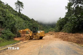 Lực lượng chức năng đang triển khai xử lý điểm sạt mới. (Ảnh: Cao Nguyên/TTXVN)