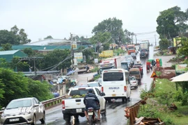 Vào cao điểm mùa thu hoạch sầu riêng, lưu lượng phương tiện lưu thông trên Quốc lộ 26 rất đông, dẫn đến ùn ứ giao thông cục bộ, kéo dài. (Ảnh: Tuấn Anh/TTXVN)