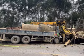 Xe tải đối đầu khiến hai người tử vong. (Ảnh: TTXVN phát)