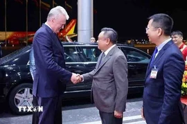 Chủ tịch Ủy ban Nhân dân thành phố Hà Nội Trần Sỹ Thanh đón Tổng thống nước Cộng hòa Litva Gitanas Nauseda và Phu nhân tại Sân bay Quốc tế Nội Bài. (Ảnh: Phạm Kiên/TTXVN)