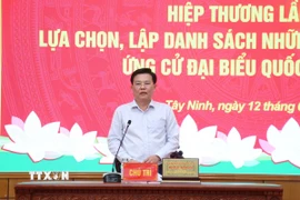 Ông Nguyễn Thanh Hải, Phó Bí thư Tỉnh ủy, Chủ tịch Ủy ban Mặt trận Tổ quốc Việt Nam tỉnh Tây Ninh phát biểu tại hội nghị. (Ảnh: Bùi Giang/TTXVN)