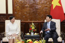 Chủ tịch nước Lương Cường tiếp Đại sứ Vương quốc Campuchia tại Việt Nam Chea Kimtha. (Ảnh: Lâm Khánh/TTXVN)