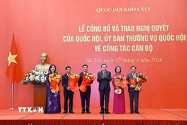 Chủ tịch Quốc hội Trần Thanh Mẫn trao Nghị quyết của Quốc hội cho các Phó Chủ tịch Quốc hội. (Ảnh: Doãn Tấn/TTXVN)