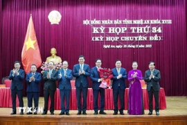 Lãnh đạo tỉnh Nghệ An chúc mừng ông Võ Trọng Hải được bầu làm Chủ tịch Ủy ban Nhân dân tỉnh. (Ảnh: Trịnh Duy Hưng/TTXVN)