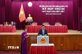 Các đại biểu bỏ phiếu bầu Chủ tịch Ủy ban Nhân dân tỉnh Nghệ An. (Ảnh: Trịnh Duy Hưng/TTXVN)