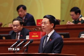 Đồng chí Nguyễn Mạnh Hùng, Ủy viên Trung ương Đảng, Bí thư Đảng ủy, Bộ trưởng Bộ Khoa học và Công nghệ, tham luận về vấn đề “Giải pháp đột phá phát triển khoa học công nghệ, đổi mới sáng tạo và chuyển đổi số quốc gia trở thành động lực chính xác lập mô hình tăng trưởng mới và phát triển bền vững quốc gia”. (Ảnh: TTXVN)