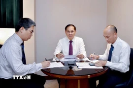 Phó Thủ tướng, Bộ trưởng Ngoại giao Bùi Thanh Sơn điện đàm với Bộ trưởng Ngoại giao Hàn Quốc Cho Hyun. (Ảnh: TTXVN phát)