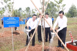 Lãnh đạo hai nước trồng cây hữu nghị trong khuôn viên Trường Đại học Thủ Dầu Một, cơ sở 2. (Ảnh: Huyền Trang/TTXVN)
