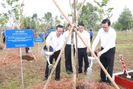 Lãnh đạo hai nước trồng cây hữu nghị trong khuôn viên Trường Đại học Thủ Dầu Một, cơ sở 2. (Ảnh: Huyền Trang/TTXVN)