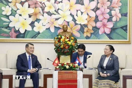 Ông Lê Minh Hưng, Ủy viên Bộ Chính trị, Bí thư Trung ương Đảng, Trưởng Ban Tổ chức Trung ương gặp bà Sisay Leudetmounsone, Ủy viên Bộ Chính trị, Bí thư Trung ương Đảng, Trưởng Ban Tổ chức Trung ương Lào. (Ảnh: Thống Nhất/TTXVN)
