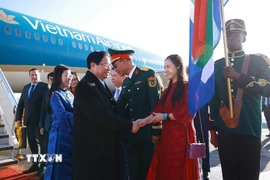 Cán bộ, nhân viên Đại sứ quán đón Thủ tướng Phạm Minh Chính và Phu nhân tại sân bay O.R. Tambo, Johannesburg, Nam Phi. (Ảnh: Dương Giang/TTXVN)