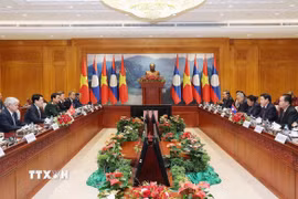 Chủ tịch nước Lương Cường hội kiến Chủ tịch Quốc hội Lào Saysomphone Phomvihane. (Ảnh: Lâm Khánh/TTXVN)