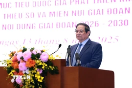Thủ tướng Phạm Minh Chính phát biểu tại Hội nghị toàn quốc Tổng kết Chương trình mục tiêu quốc gia phát triển kinh tế-xã hội vùng đồng bào dân tộc thiểu số. (Ảnh: Dương Giang/TTXVN)