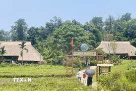 Làng Mường trong khuôn viên Làng Văn hóa-Du lịch các dân tộc Việt Nam được nhiều người dân và du khách lựa chọn trải nghiệm dịp nghỉ lễ 30/4-1/5. (Ảnh: Tuyết Mai/TTXVN)