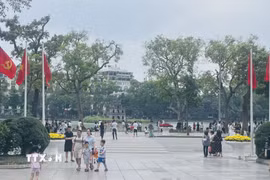 Khu vực vườn hoa Lý Thái Tổ và phố đi bộ Hoàn Kiếm luôn đông người dân và du khách tham quan, dạo chơi. (Ảnh: Tuyết Mai/TTXVN)