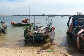 Lực lượng chức năng giúp ngư dân chống bão số 3. (Ảnh: TTXVN phát)