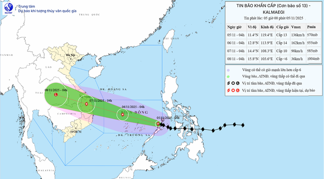 Hướng đi của cơn bão. (Ảnh: Trung tâm Dự báo Khí tượng Thủy văn Quốc gia) bao.png