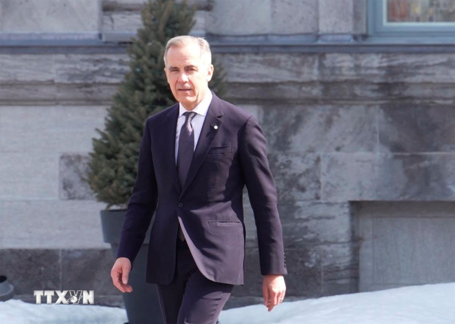 Thủ tướng Canada Mark Carney tại cuộc họp báo sau lễ tuyên thệ nhậm chức ở Ottawa, Canada, ngày 14/3/2025. (Ảnh: THX/TTXVN) ttxvn-tan-thu-tuong-canada.jpg