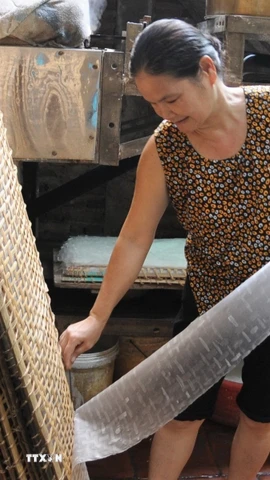 Trải qua hàng trăm năm, người dân địa phương vẫn gìn giữ, duy trì được nghề truyền thống làm bánh đa nem Thổ Hà. (Ảnh: Việt Hùng/TTXVN)