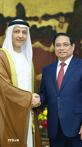 Thủ tướng Phạm Minh Chính tiếp ông Bader Almatrooshi, Đại sứ Các Tiểu vương quốc Ả-rập Thống nhất (UAE) tại Việt Nam. (Ảnh: Dương Giang/TTXVN)