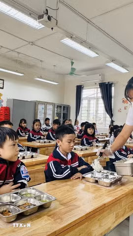 Học sinh Trường Tiểu học Chi Đông, xã Quang Minh, Hà Nội ăn bán trú. (Ảnh: Nguyễn Cúc/TTXVN)
