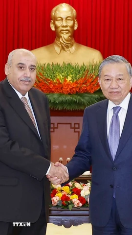 Tổng Bí thư Tô Lâm tiếp Chủ tịch Hạ viện Vương quốc Hashemite Jordan Mazen Turki El Qadi. (Ảnh: Thống Nhất/TTXVN)