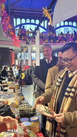 Đại sứ Trịnh Đức Hải tới tham dự sự kiện và chúc mừng, động viên cộng đồng người Việt nhân dịp Tết cổ truyền Bính Ngọ 2026. (Ảnh: Ngọc Hiệp/TTXVN)