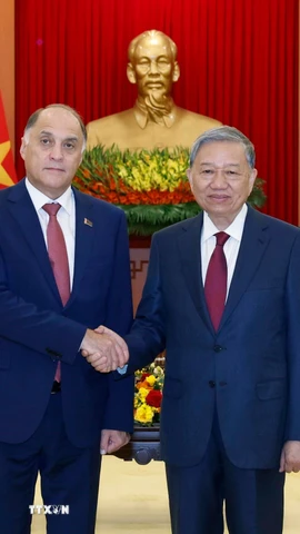 Tổng Bí thư Tô Lâm tiếp Thư ký Hội đồng An ninh quốc gia Belarus Volfovich Aleksandr Grigorievich. (Ảnh: Thống Nhất/TTXVN)