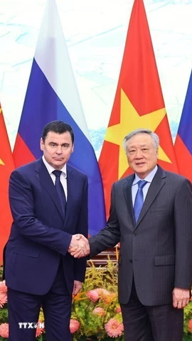 Phó Thủ tướng Thường trực Chính phủ Nguyễn Hòa Bình tiếp Trợ lý Tổng thống Nga Mironov Dmitry. (Ảnh: Minh Đức/TTXVN)