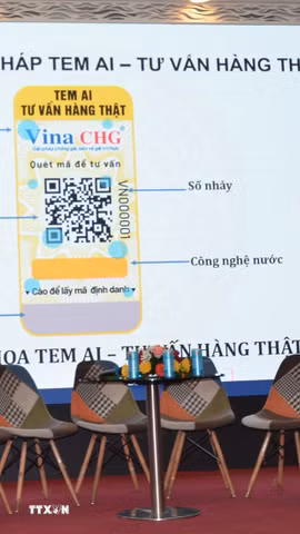Lãnh đạo Hội bảo vệ quyền lợi người tiêu dùng Thành phố Hồ Chí Minh trình bày giải pháp sử dụng tem AI phát hiện hàng giả. (Ảnh: Linh Sơn/TTXVN)