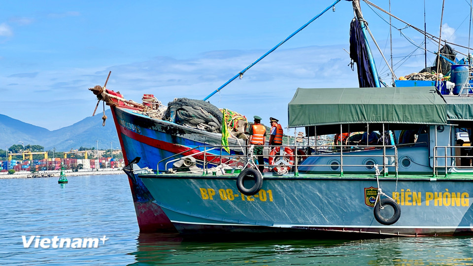 Tàu BP08 thuộc Hải đội 2, Bộ đội Biên phòng Đà Nẵng thực hiện nhiệm vụ tuẩn tra, kiểm tra các tàu cá hoạt động tại vùng biển Vịnh Mân Quang, thành phố Đà Nẵng. (Ảnh: Thanh Phong/Vietnam+)